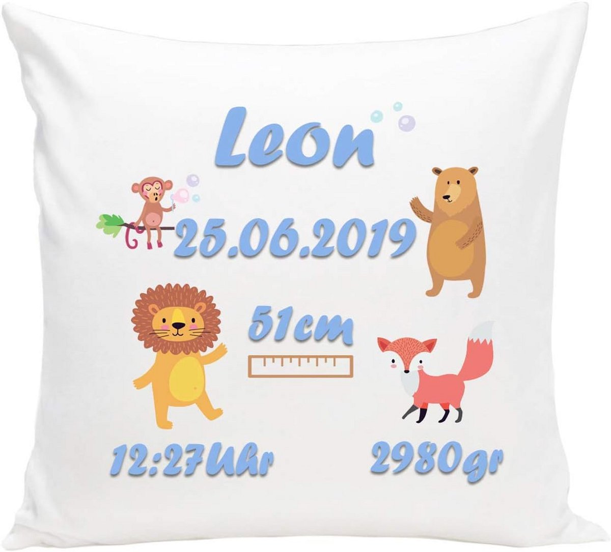 Gepersonaliseerd Kussen met Naam en Geboortedatum - Kraamcadeau, Doopcadeau voor Baby Jongen of Meisje