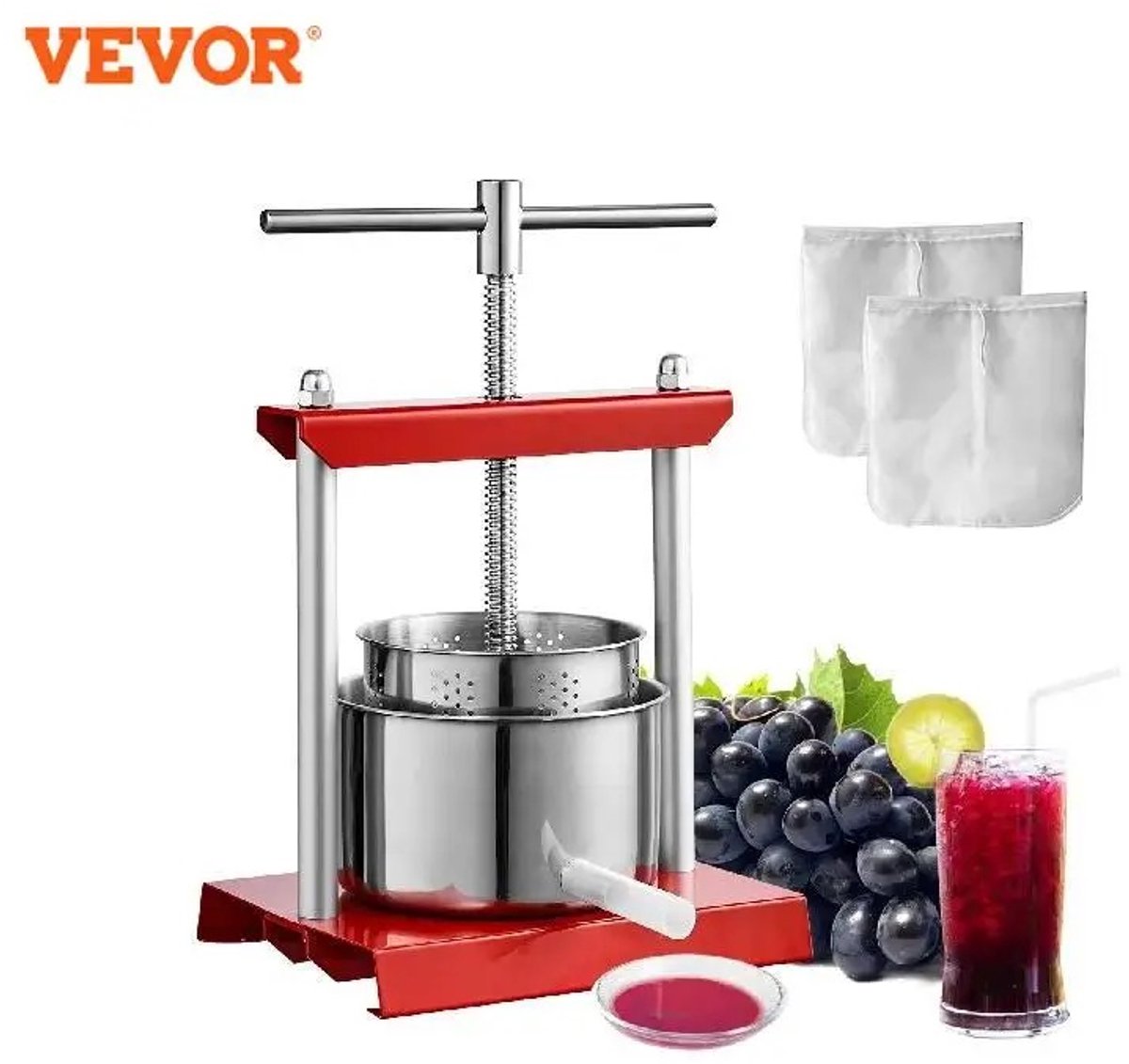 Jently fruitpers - handmatig - roestvrij staal - 2L - rood - groentesap