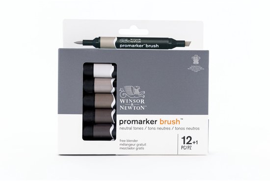 Winsor & Newton Promarker Brush 12+1 neutrale tinten markers, met blender pen, in verpakking.