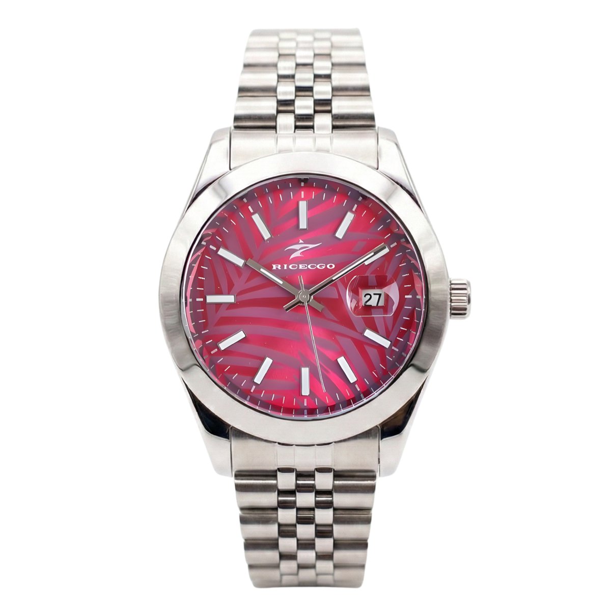 KPSZZ Ricecgo Luxury Palm Edition - Horloge - Heren - 40mm - Roze Wijzerplaat - Zilverkleurige Schakelband - Edelstaal