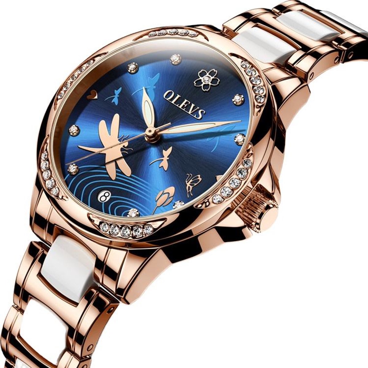 HO-6610.rs-bl : Olevs roségoudkl libelle tourbillon-mechanisch keramisch-edelstaal dames horloge, magisch blauwe wijzerplaat, luminiscerend, kalenderdag, rhinestone