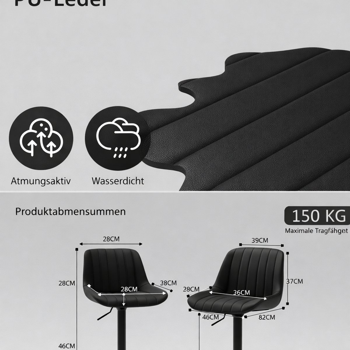 Barkruk Set van 2 House&Garden – Draaibare, In Hoogte Verstelbare Barstoelen met Rugleuning van PU-Kunstleer – Zwarte Keukenkrukken voor Bar, Keukeneiland, Restaurant en Café