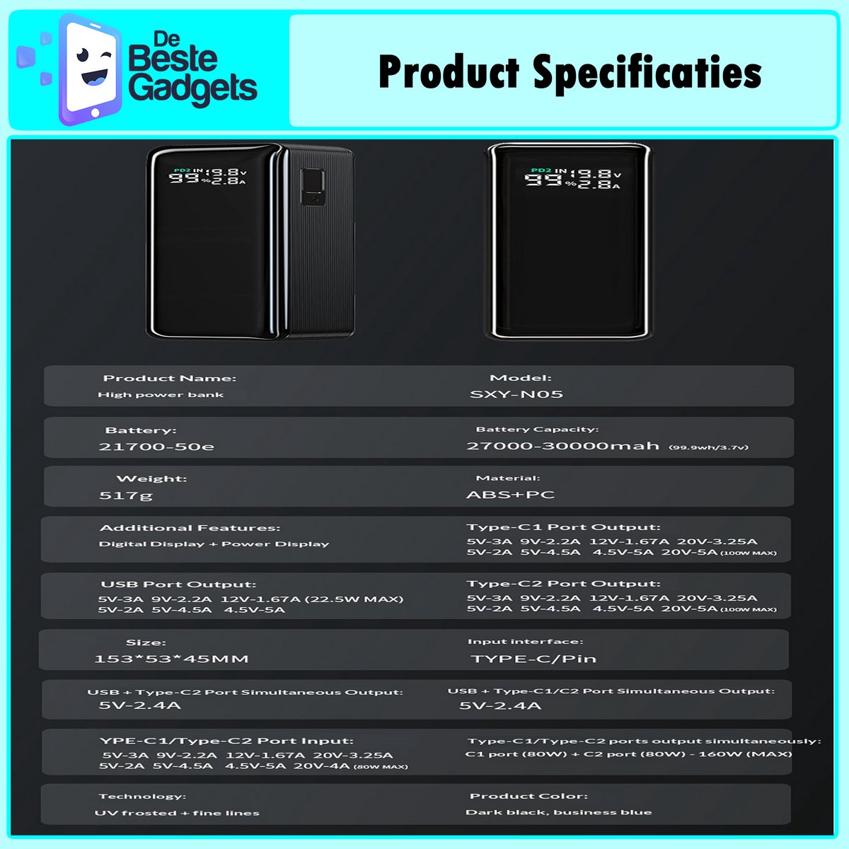 De Beste Gadgets Powerbank 27000mAh – Snellader USB-C & USB-A – TFT Display – Hoge Capaciteit Externe Batterij – Draagbare Oplader - Noodpakket – foto 7