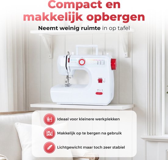 Compacte witte naaimachine met rode accenten, met een duidelijk bedieningspaneel.