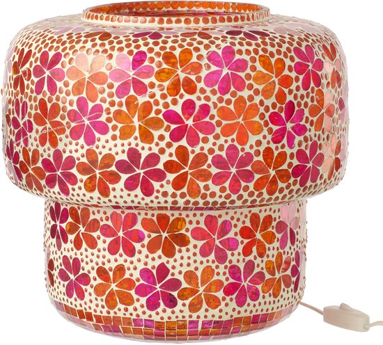 Lampe de table en mosaïque de verre avec un motif floral dans des tons rose et orange.