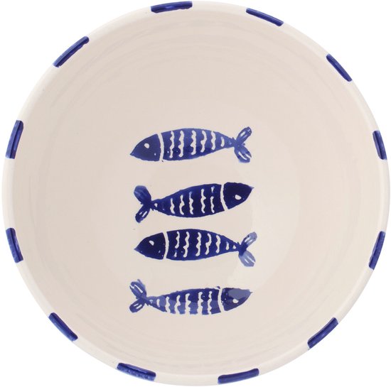 Céramique blanche avec quatre poissons stylisés bleu foncé et un bord rayé.