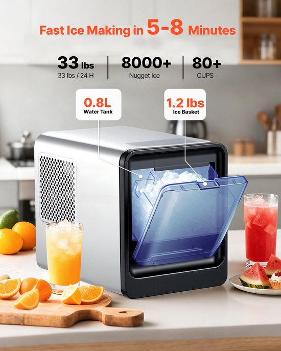 VEVOR Tafelmodel Ijsblokjesmachine, 15kg Per Dag, Zelfreinigend en Draagbaar Ijsblokjesbakje met Schepje en Ijsblokjeslade, Ijsblokjesmachine voor Kauwijs voor Thuis, Keuken, Kantoor, Bar, Feesten van Merkloos — afbeelding 5