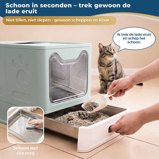 Lichtblauwe opvouwbare kattenbak met lade, een hand trekt de lade uit om schoon te maken.