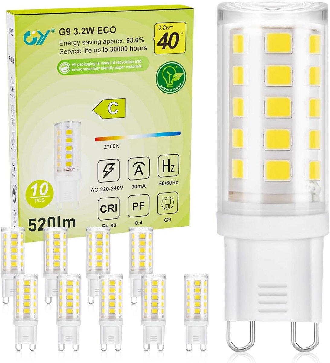 10x G9 LED Lampen Warm Wit - 3,2W Vervangt 40W - Energiezuinig Basis