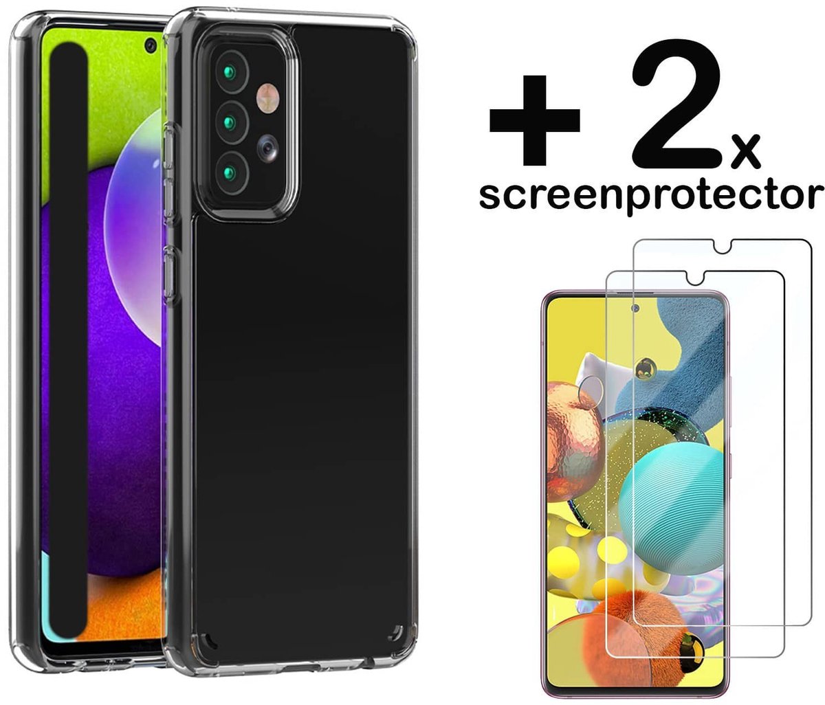 Hoesje Geschikt voor Samsung A72 Backcover Hybride Transparant Siliconen Case TPU Hoesje + 2 x Screenprotector - Luxe Telefoonhoesje Wallet Case Pasjeshouder PU Leder