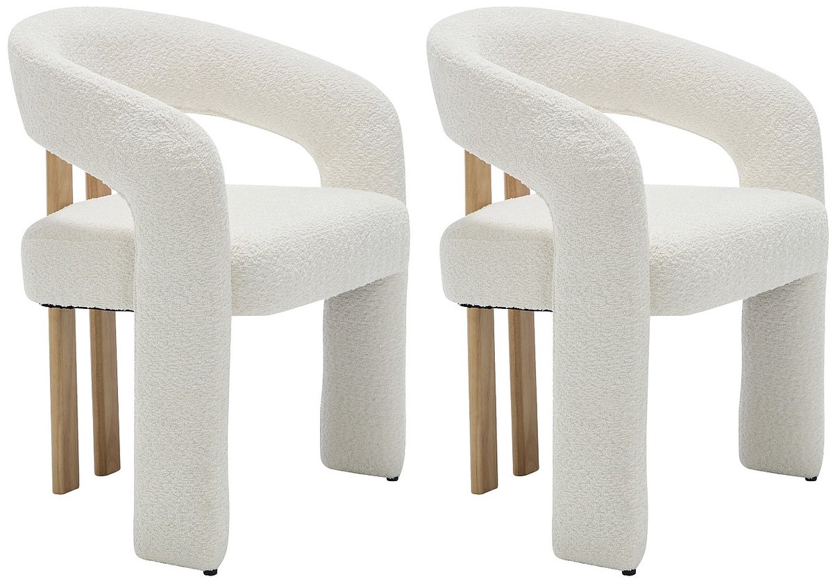 Vente-unique Set van 2 stoelen met armleuningen in boucléstof en rubberhout - Wit - NORETI