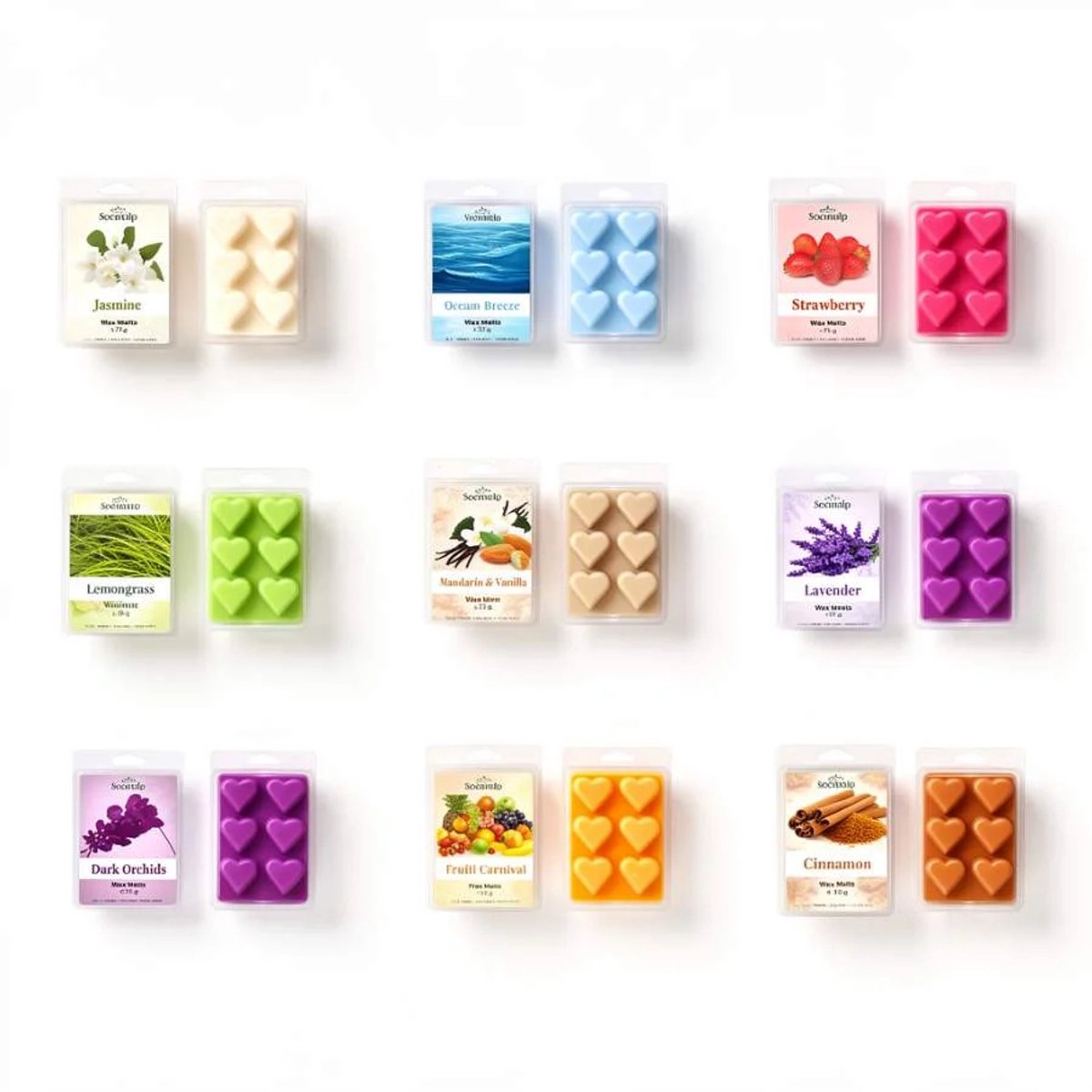 Scentulp - Wax Melts Geuren Set – 9 Geuren – Hartvormig Proefset Sojawax 540g