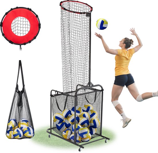 Een Vevor volleybal trainingsnet, een rode ring met net, een mesh draagtas vol volleyballen, en een vrouw in een geel shirt die een volleybal serveert.