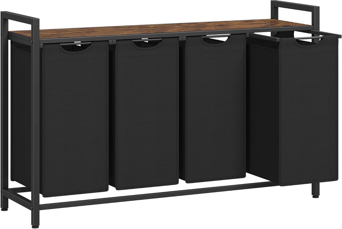 Furnstar Wasmand - Wasverzamelaar met plank - Wasbox - Afneembare waszak van Oxford stof - 4 vakken - Metalen frame - 160L - 116 x 33 x 72 cm - Inktzwart Vintabruin