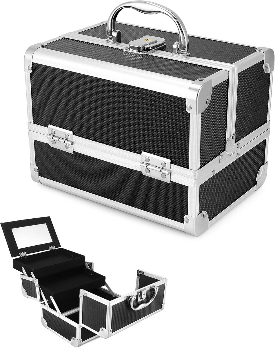 Allecto- Draagbare make-uptas - Spiegel - Aluminiumlegering - Zwarte - Nagel - Draagtas - Model ® Draagbare make-uptas met spiegel, zwarte make-uptas, make-uptas van aluminiumlegering, spijkerkoffer.