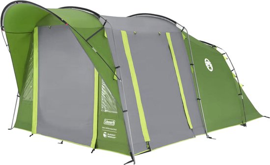Grote groene en grijze familietent met limegroene accenten en een luifel.