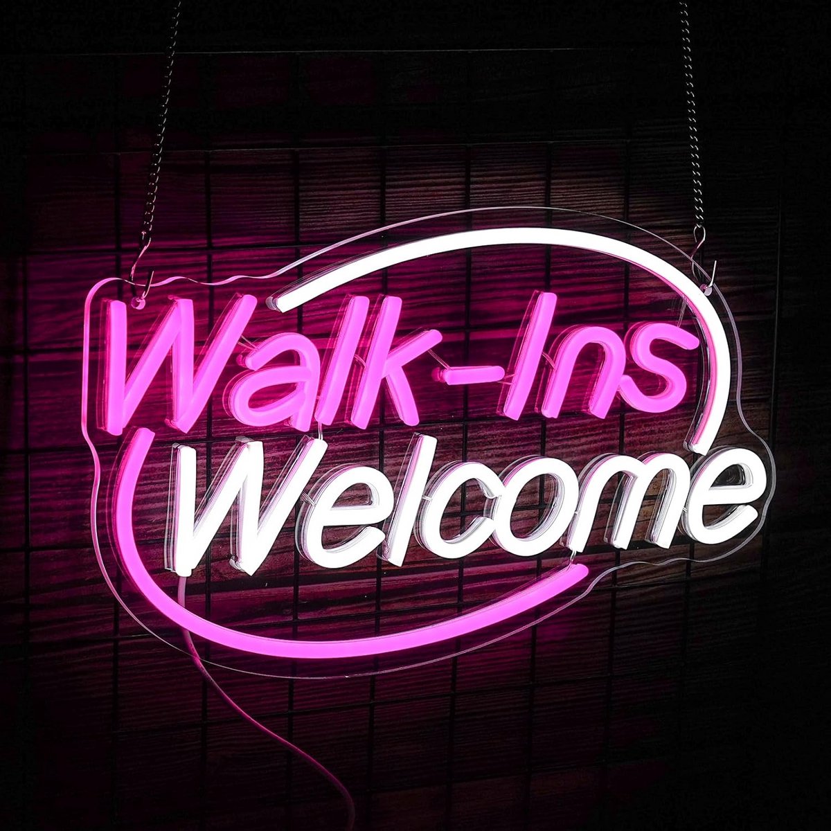 Roze en Witte LED Neon Wandlamp 'Walk-Ins' - USB Aangedreven Decoratie voor Woonkamer, Slaapkamer of Bedrijf
