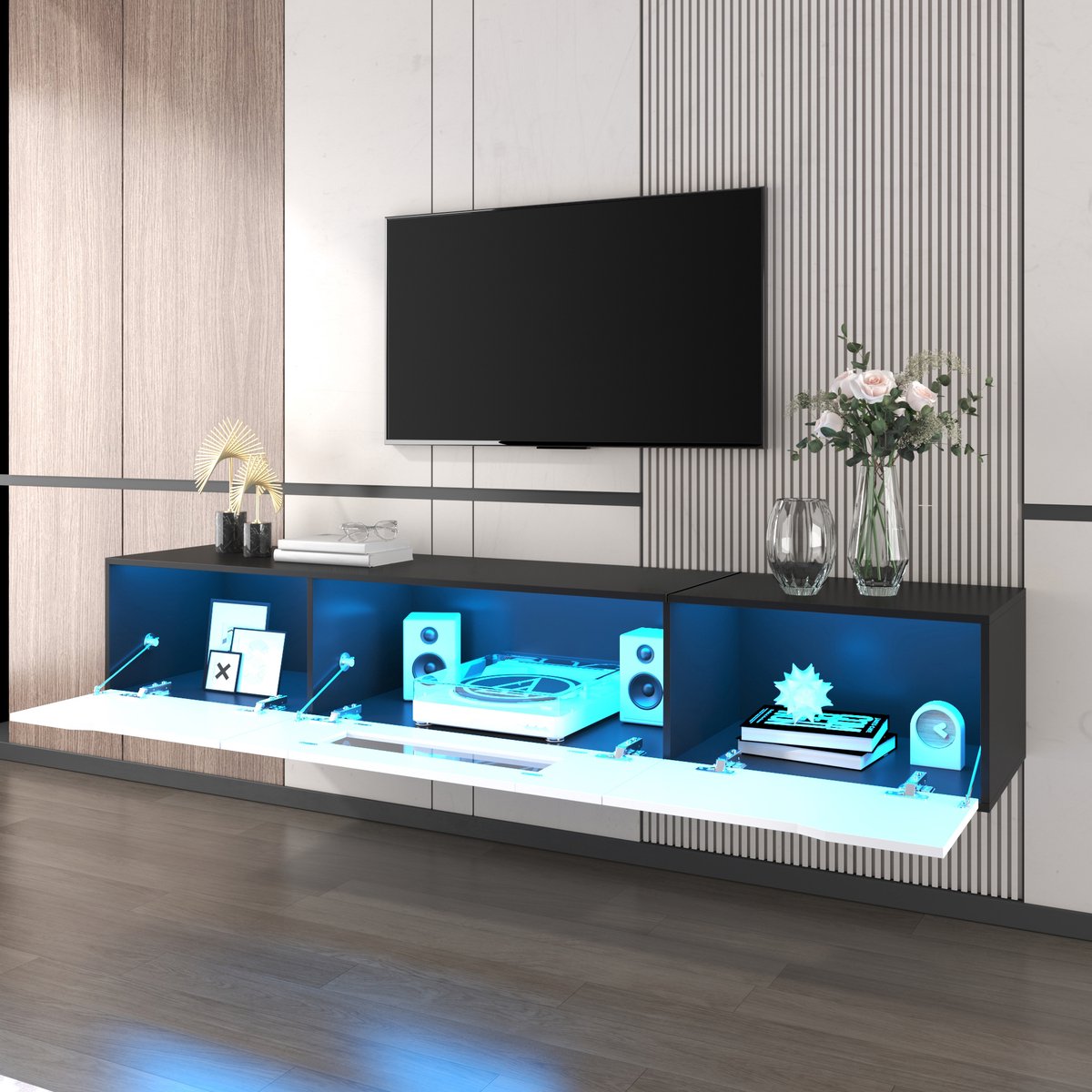 Hoge gloss tv-meubel 180x35x30 cm - zwart-wit met LED-verlichting en USB-poort - moderne wandgemonteerde tv-kast