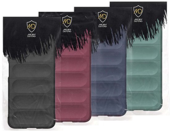 Vier MobyDefend hoesjes in verpakking: zwart, bordeaux, blauw en groen, met horizontale ribbels.