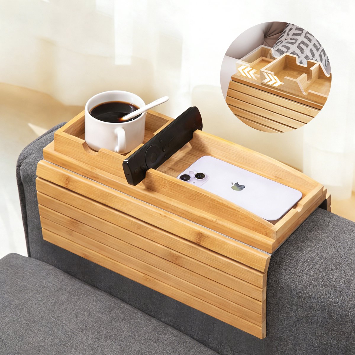 YONO Armleuning Dienblad Bank Flexibel - Bamboe Organizer met Telefoonhouder - Hout