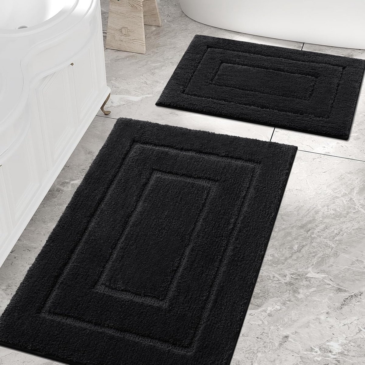 Microvezel Badkamertapijt Set - Antislip, Wasbaar, Zachte Waterabsorberende Badmat - 40 x 60 cm + 60 x 90 cm - Zwart