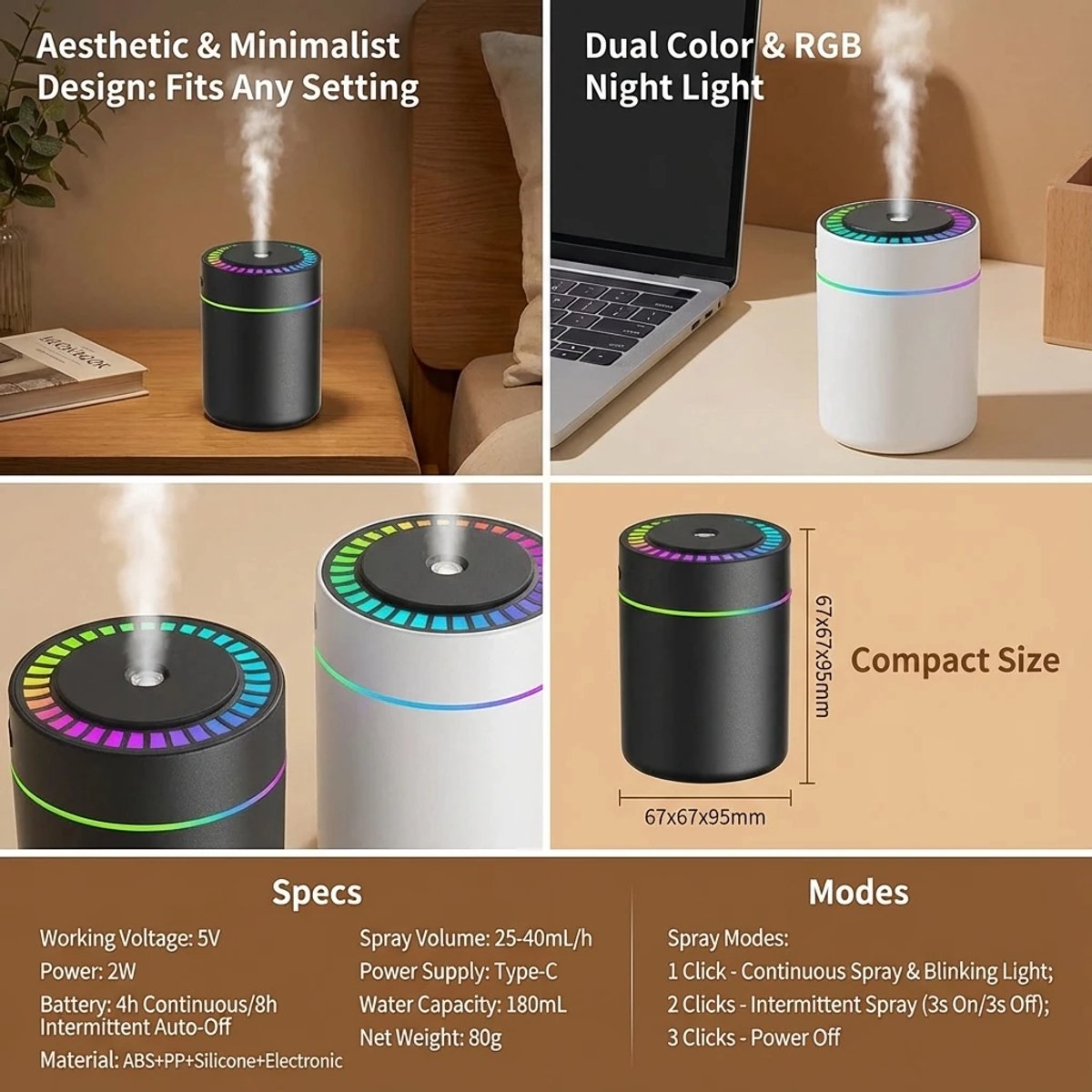 180ML Mini Luchtbevochtiger & Aroma Diffuser - USB-C Geurverspreider met LED Verlichting - Voor Auto, Thuis & Slaapkamer - Zwart — cadeau in Gadgets - foto 4