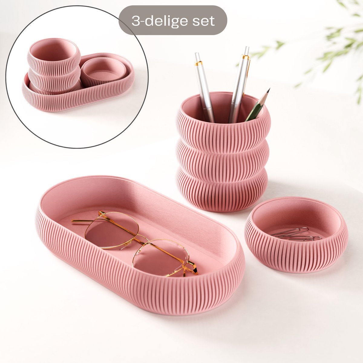 Fleuriek - Bureau organizer set 3-delig - Stapelbaar & modulair - Pennenhouder met opbergbakjes voor bureau, keuken, badkamer & make up - Roze