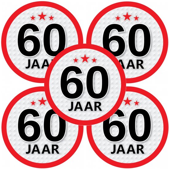 Vijf ronde '60 JAAR' stickers met drie rode sterren op een wit geruit patroon.