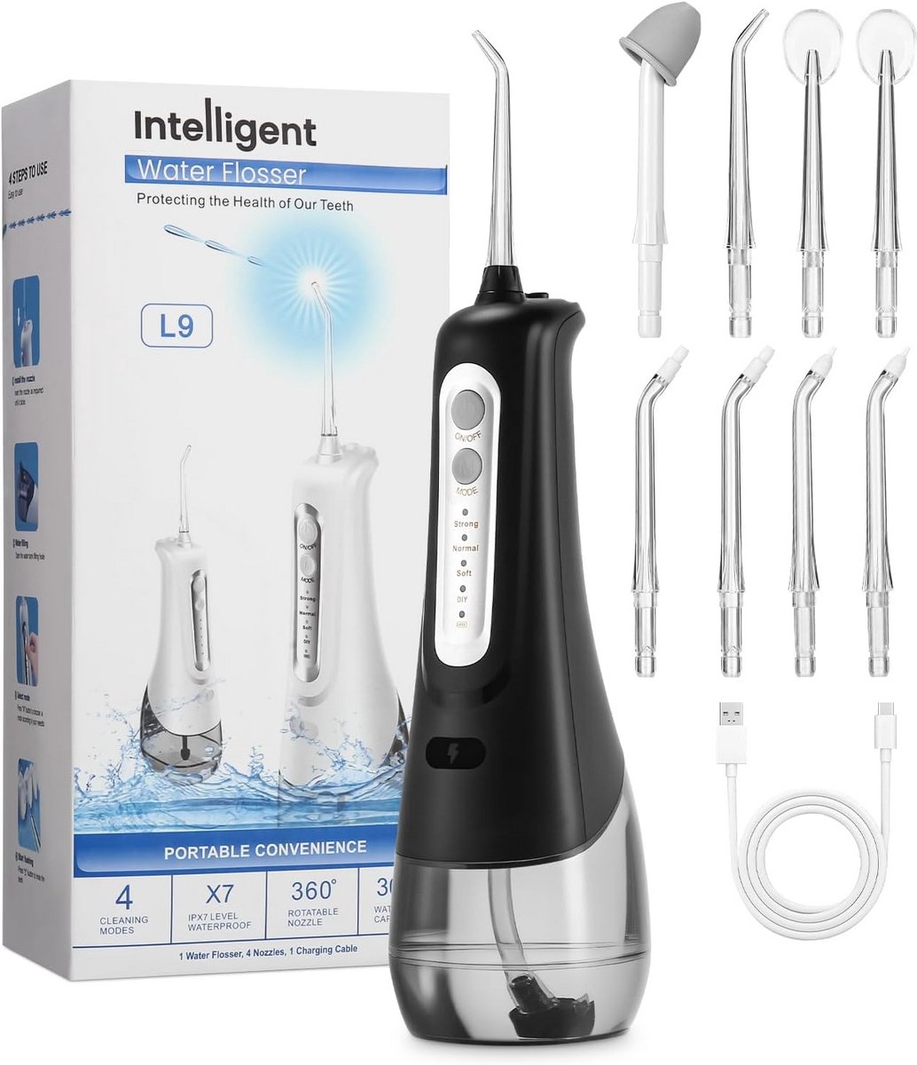 Draadloze Mondspoeler - Elektrische Tandenreiniger met 4 Modi en 9 Spuitmonden - Oplaadbare Waterflosser met USB-C - IPX7 Waterdicht - 300ml Watertank - Ideaal voor Op Reis