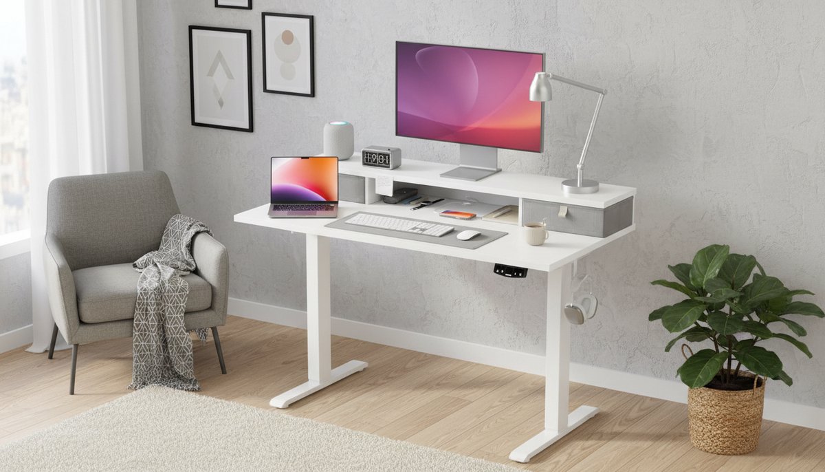 Electric Desk Casa Velluto FlexiPro 100x60 cm – Hoogteverstelbaar Zit-Sta Bureau met 2 Laden, Robuust Industrieel Frame, Anti-Botsing, Ergonomisch Computerbureau, Wit – Elektrisch Bureau voor Thuis en Kantoor