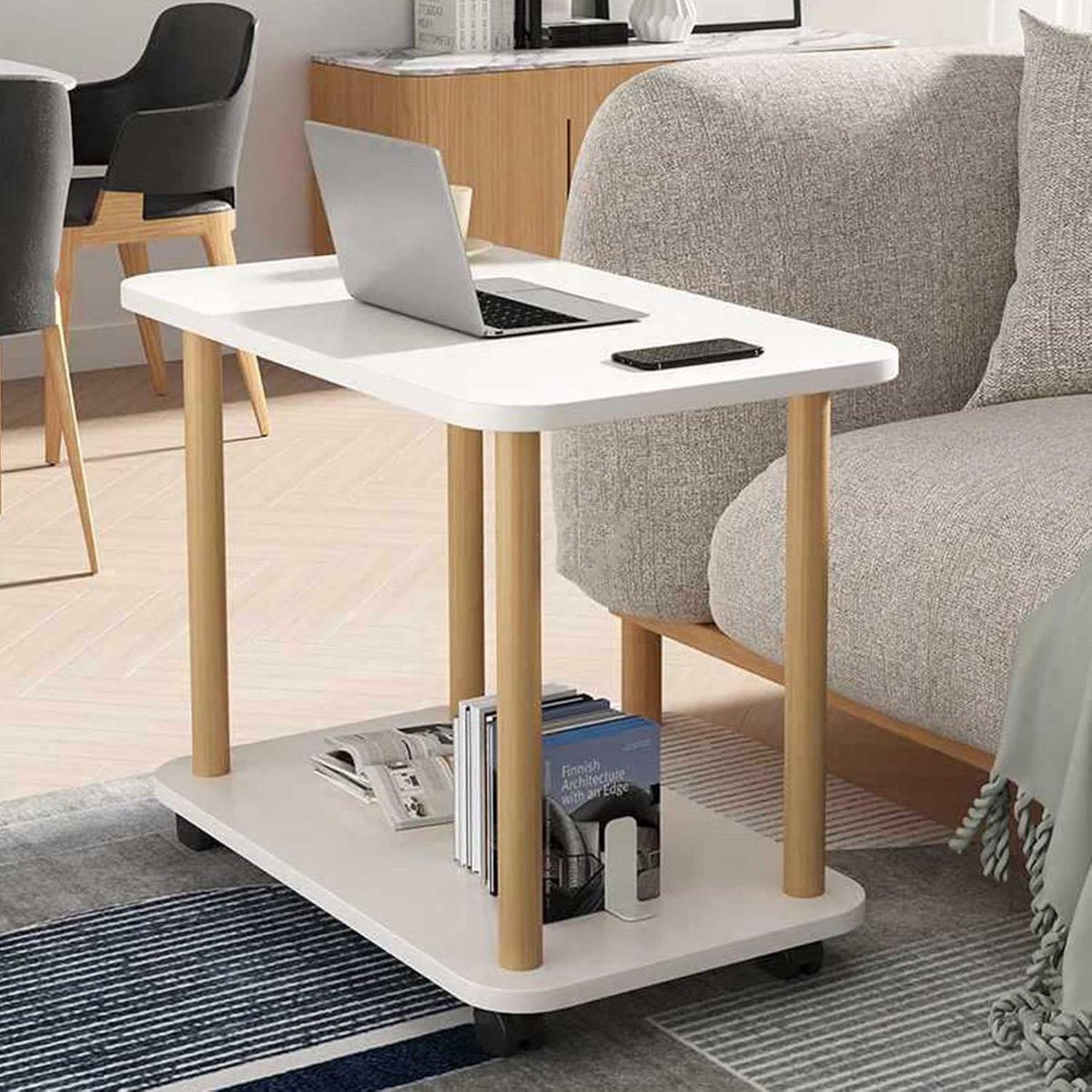 Mobiele Sofa Bijzettafel met 2 Niveaus en Wielen
