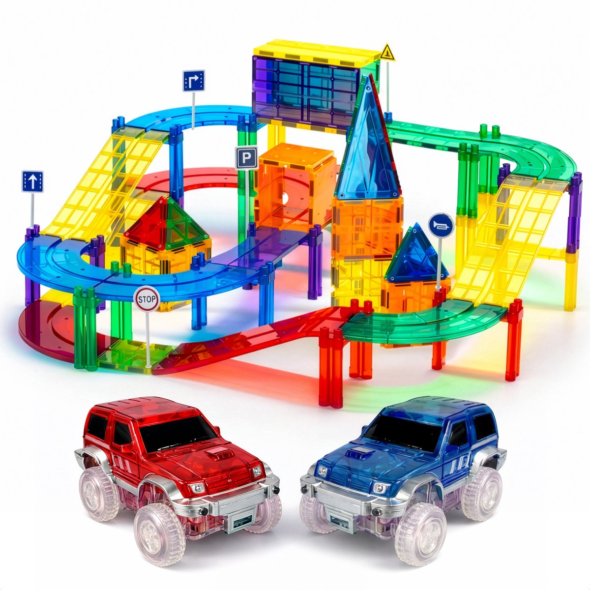 Magnetic tiles racebaan - 110 stuks - Magnetische tegels - Speelgoed - Travel set - Constructiespeelgoed - Magneet tegels - Montessori - Met 2 magna auto's — afbeelding 10