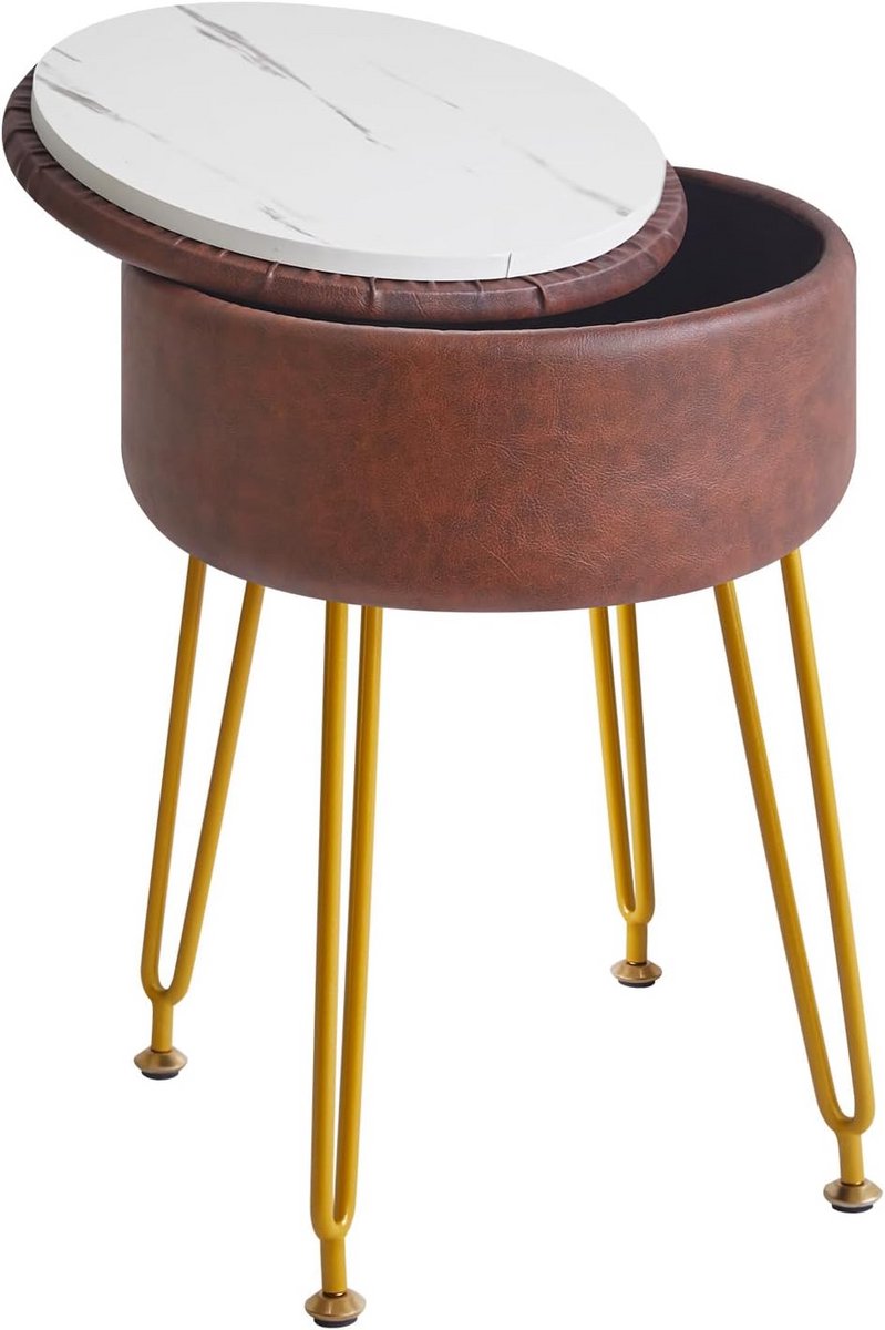 Ronde Houten Voetenbank Met Opbergruimte | Make-up Kruk | PU Coating | Verstelbare Poten | Donkerbruin
