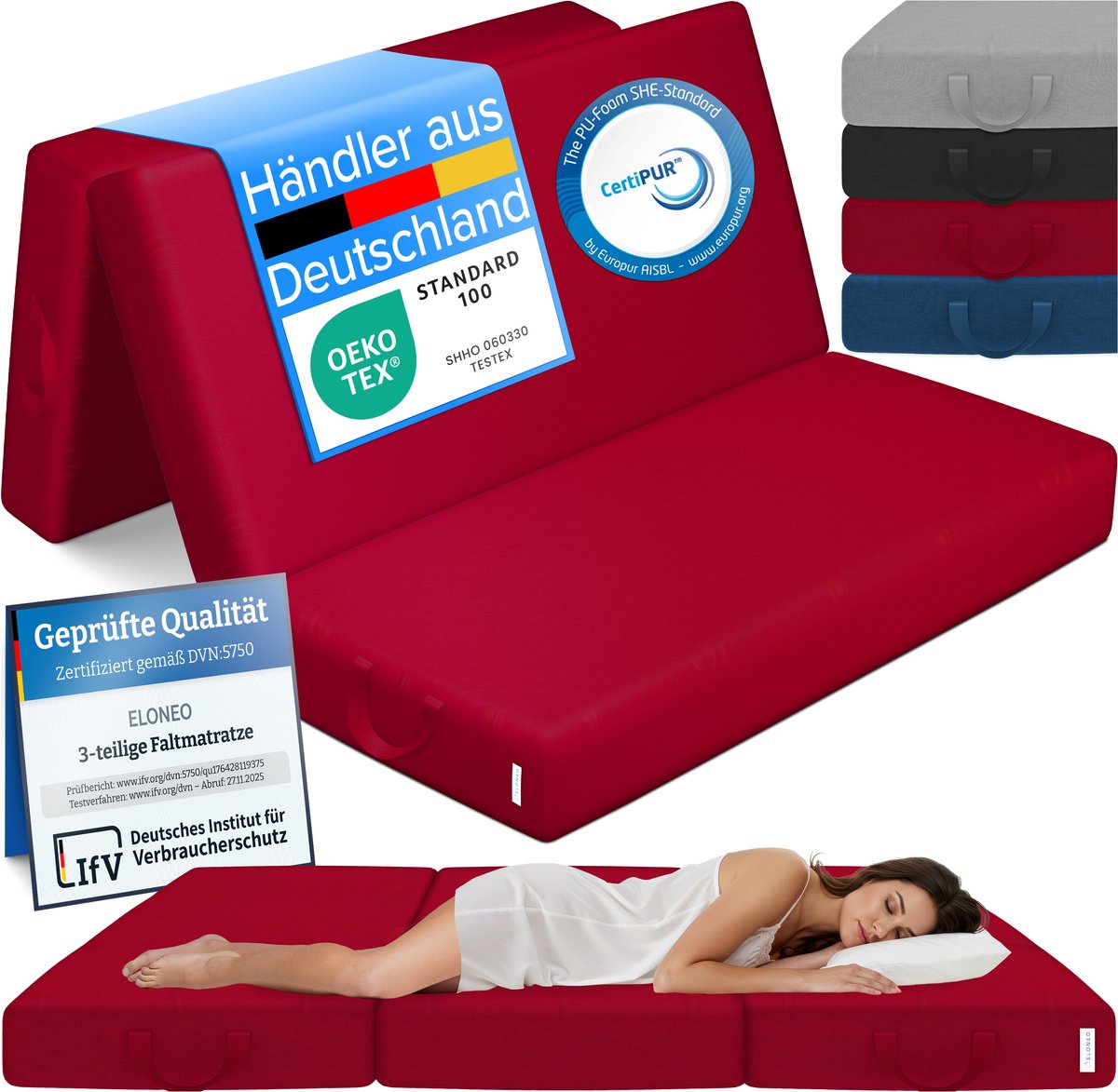 ELONEO Opvouwbaar Matras - 3-Delig Vouwmatras, Extra Dik 15 cm Schuim, Wasbaar en Draagbaar Logeermatras voor Volwassenen, Tweepersoonsbed (Rood, 140 x 195 x 15 cm)