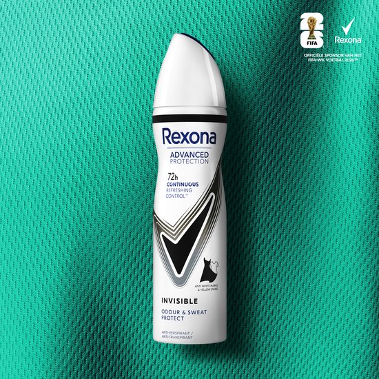 Rexona Advanced Protection Continuous Refreshing Control deodorant spuitbus op een turquoise textuur.