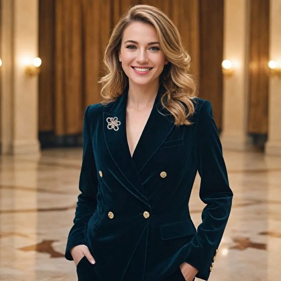 Vrouw met blonde krullen in een donkergroen fluwelen blazer met gouden knopen, met een gouden cosmosbloem broche met zirkonia.