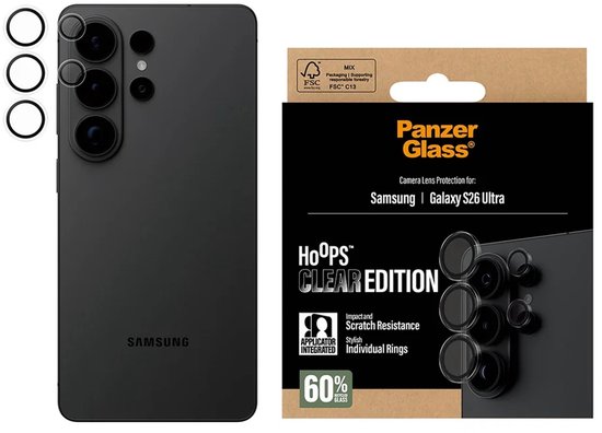 Zwarte Samsung Galaxy S26 Ultra met PanzerGlass Hoops camera lensbeschermers en verpakking.