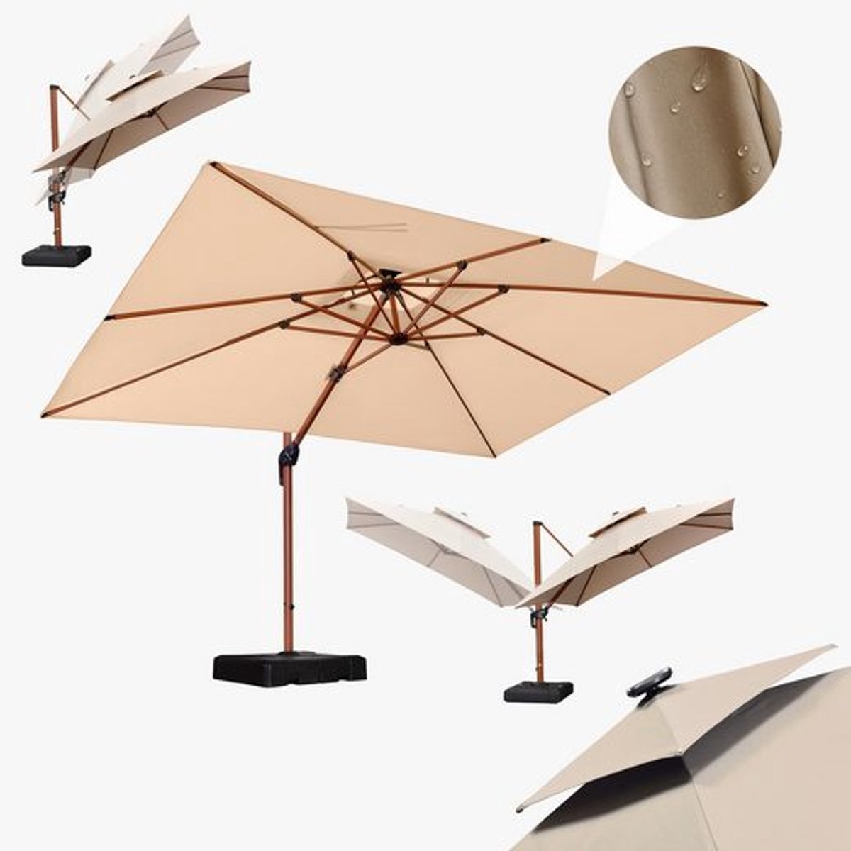 PURPLE LEAF Rechthoek Parasol – 360 ° Draaibaar - Kantelbaar – UV werend doek - Houtlook - Windbestendige Zweefparasol