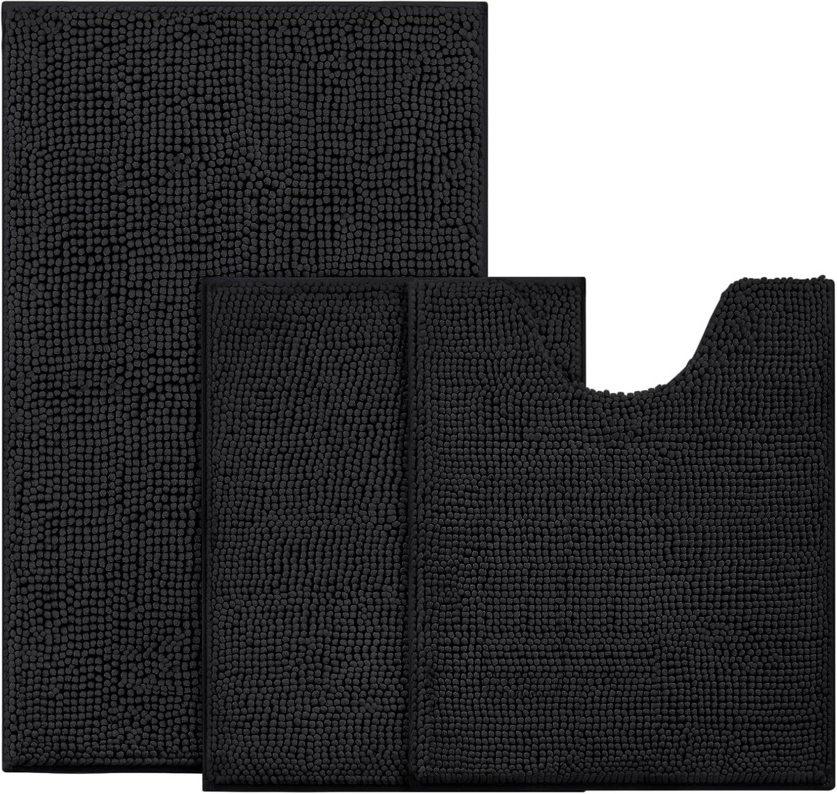 Zwarte Badkamer Tapijten Set - 3 Stuks Antislip Pluche Chenille Wasbare Badmatten