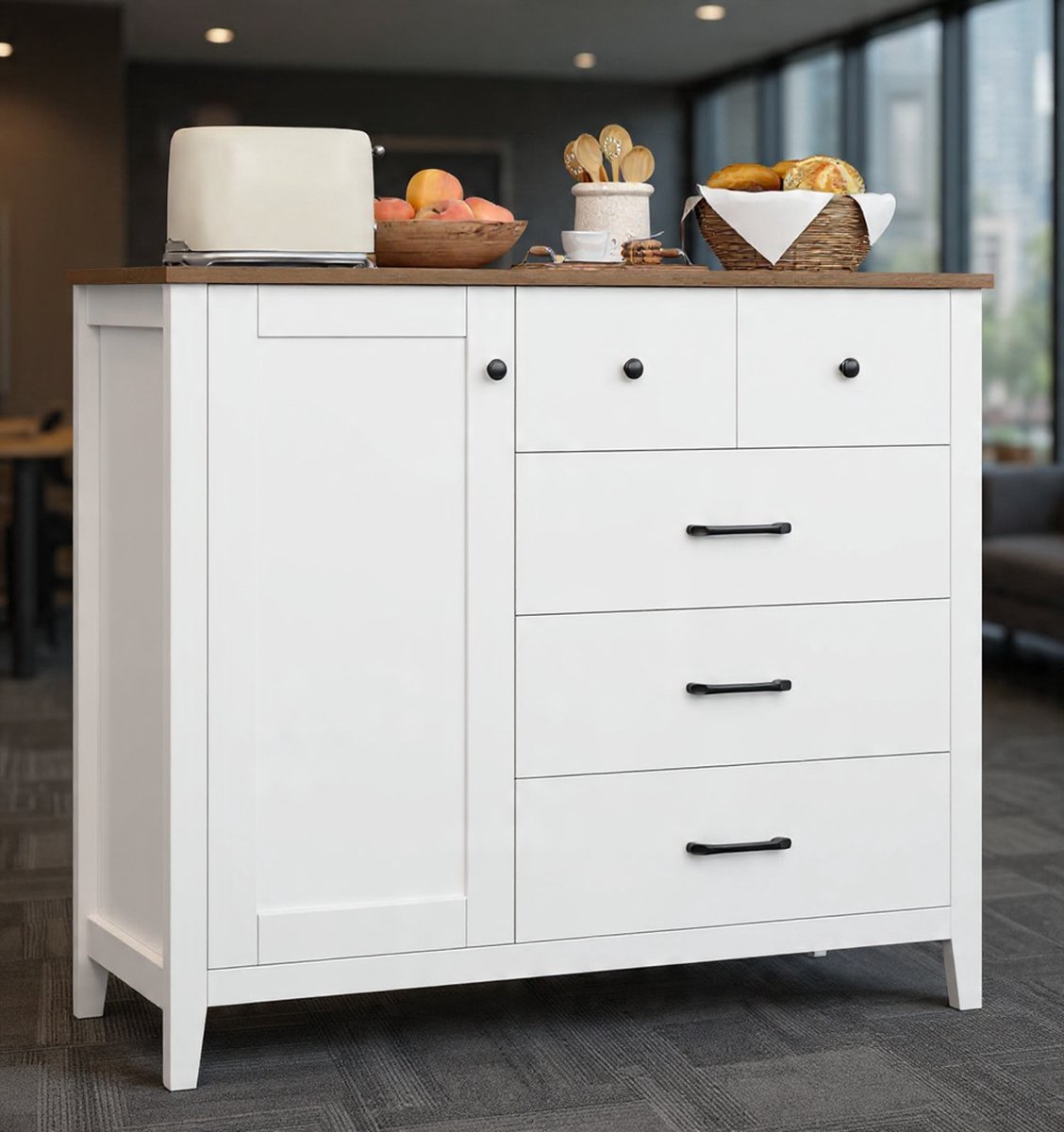 Sideboard, keukenkast met 5 laden en 1 deur, buffetkast met werkblad voor keuken, eetkamer, woonkamer, hal, hout, wit en bruin-NoviHome