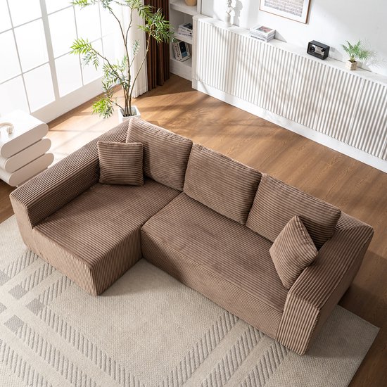 HAUSS SPOLE Canapé d'angle avec méridienne - Assise lounge modulaire profonde - Spacieux canapé lounge pour salon et chambre à coucher - Velours côtelé marron