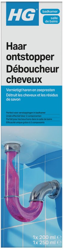 HG Haarontstopper met zilverkleurige afvoerbuis met paarse vloeistof. Verpakking met "HG Haarontstopper Déboucheur cheveux".
