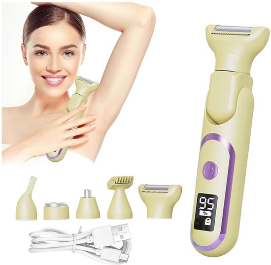 Epilator - 5-in-1 Elektrische Scheerapparaat voor Vrouwen - Oplaadbare Epilator met Waterdicht Ontwerp - Geschikt voor Gezicht, Benen en Lichaam - 17x5cm - Geel
