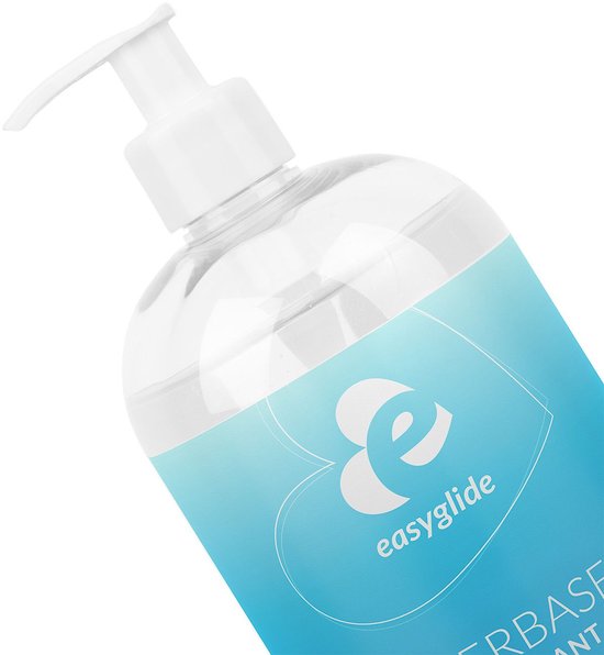 Bouteille transparente avec distributeur à pompe blanc. Dégradé bleu clair avec logo et texte 'easyglide WATERBASED LUBRICANT'.