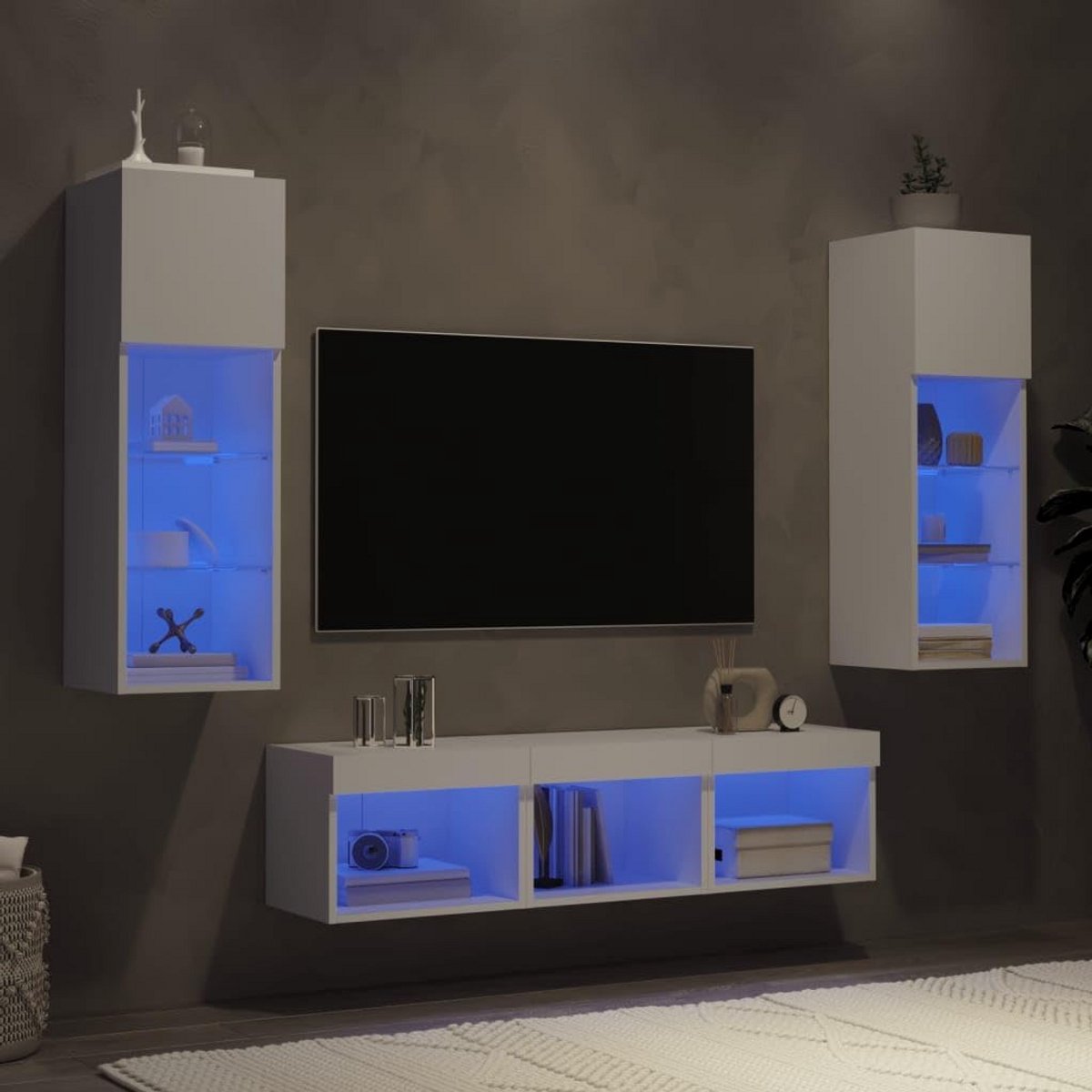 Zwevende TV Kast Set met LED Verlichting voor Woonkamer Opbergmeubel 5-Delig Wit