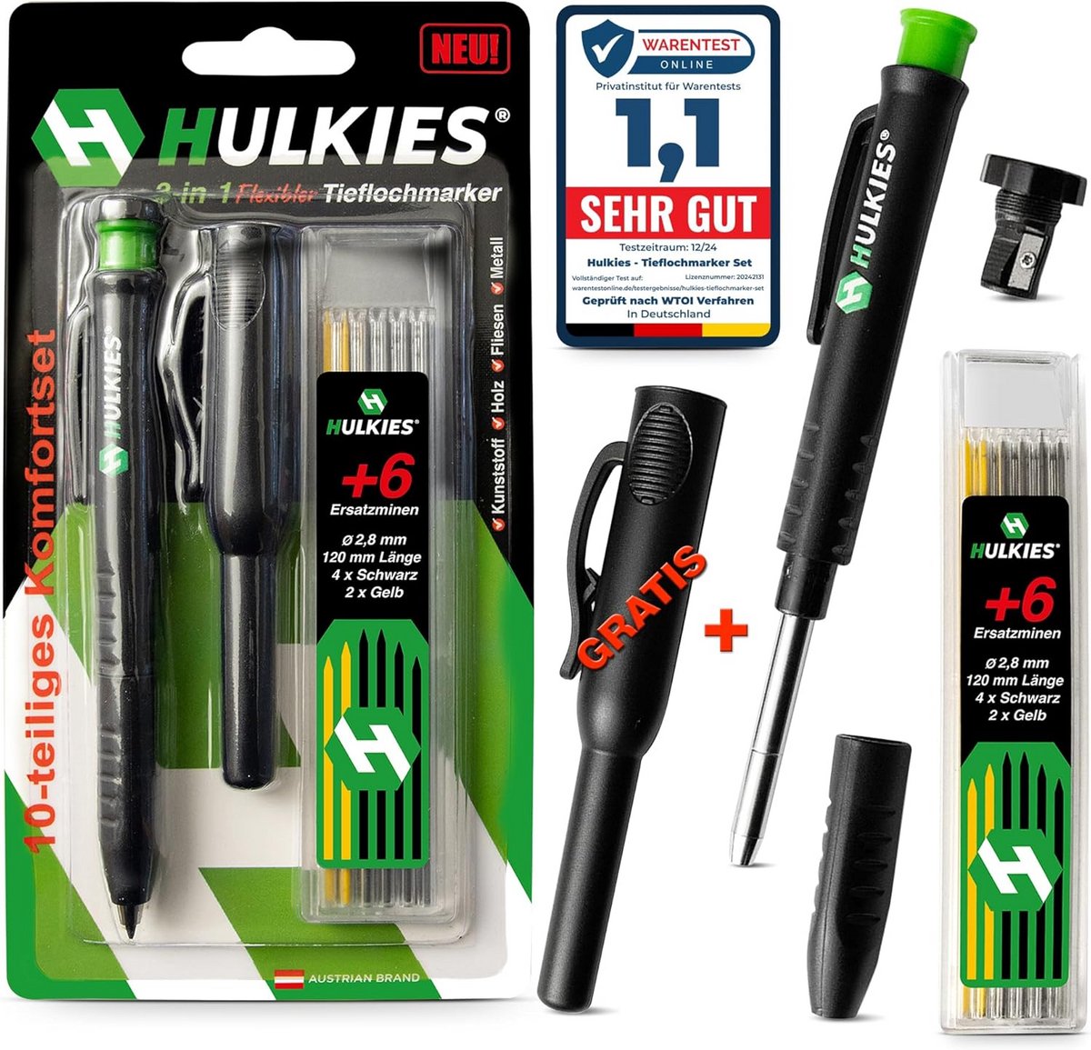 3-in-1 markeerstift voor diepe gaten met vervangvullingen en geïntegreerde puntenslijper
