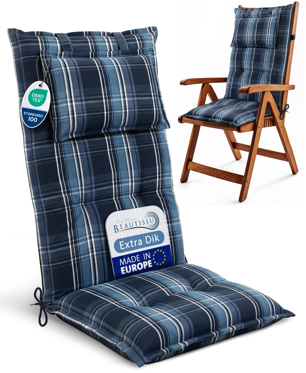 Beautissu Tuinkussen Hoge Rug Zitkussen 120x50cm HighLux HL – Set van 2 Stoelkussens voor Tuinstoelen 7cm dik Blauw-Wit Geruit – Made in EU
