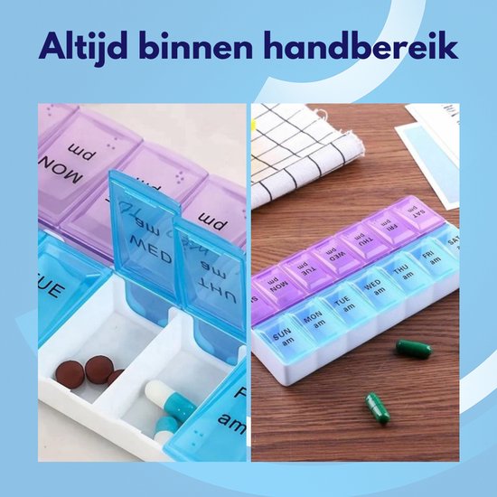 Gedetailleerde weergave van een medicijndoos met 14 vakjes, zowel gesloten als open met pillen erin.