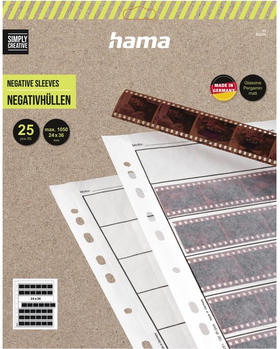 Een verpakking met 25 Hama negatievenhoezen van 24x36 mm, gemaakt in Duitsland.