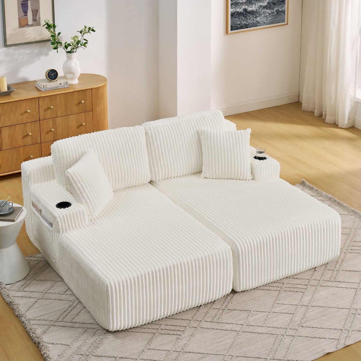 Tweezits Relaxbank/Loungestoel, Zachte Corduroy Stof, met Zijvak voor Tijdschriften, Bekerhouder en Kussens, Geschikt voor Woonkamer, Speelkamer, Studeerkamer, Logeerkamer en Appartement, Beige
